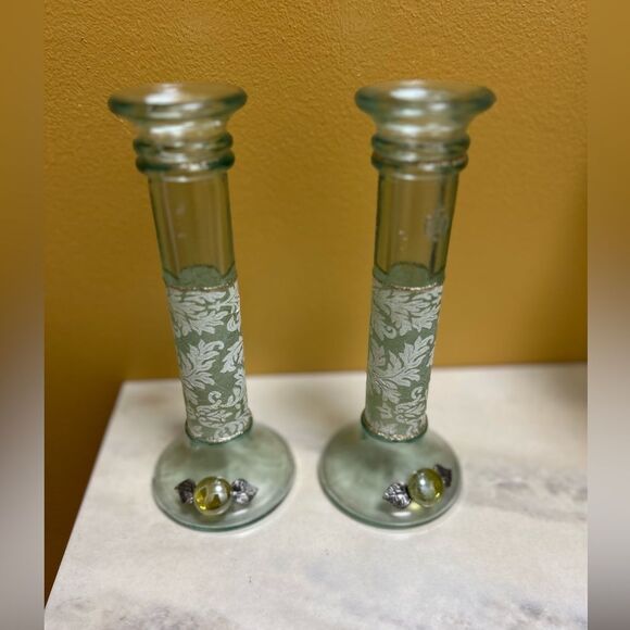 Glass Shabbat Hand Painted Candlesticks with White Flowers - Picture 2 of 9